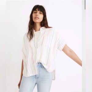 Madewell Striped Linen-Blend Short Sleeve Button Down Top
